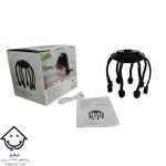 تصویر ماساژور سر عنکبوتی همراه با دفترچه و کارتنش و کابل شارژ در کنار آن